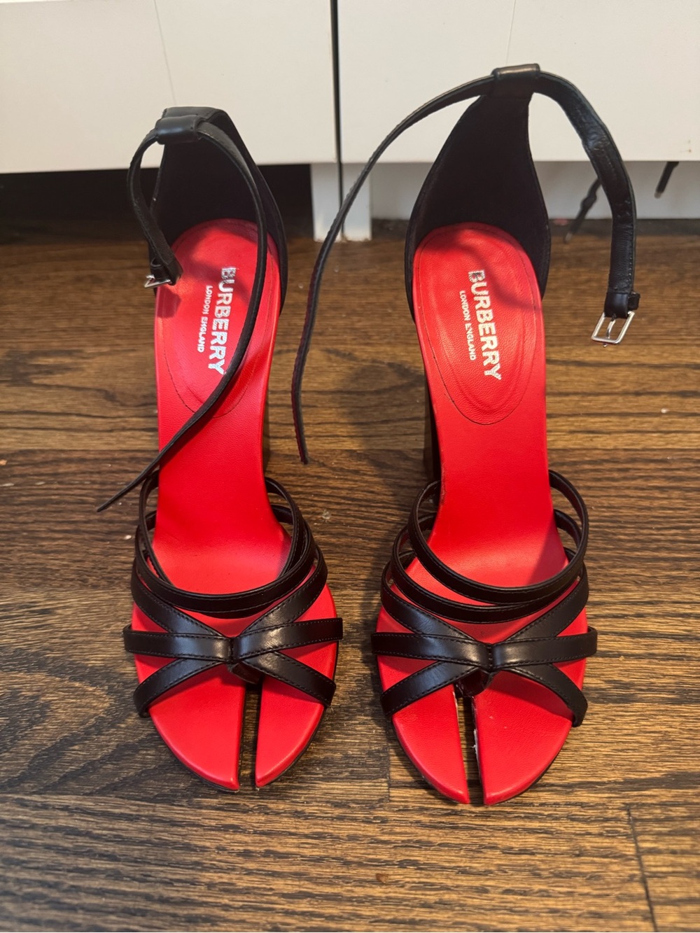 Authentic Burberry Black Strappy Heeled Sandals with Red Insole
